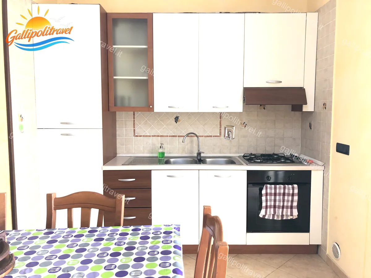 Cucina del Trilocale D1/3 con piastrelle decorate a uva, fornelli e forno